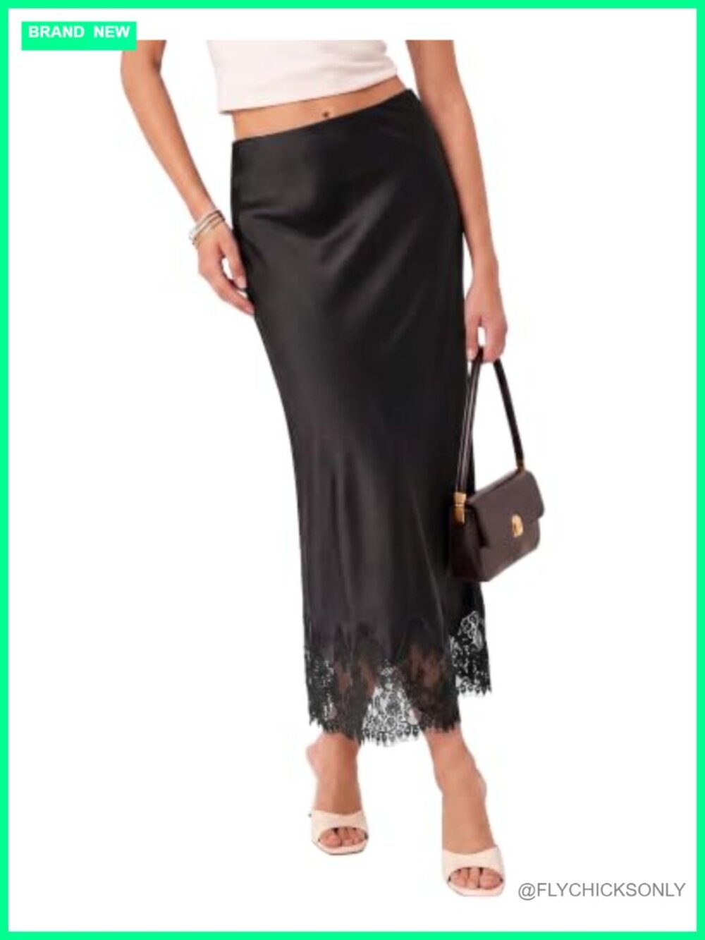 Satin Maxi Skirt Elastic Waist Lace Trim Long Slip Skirt